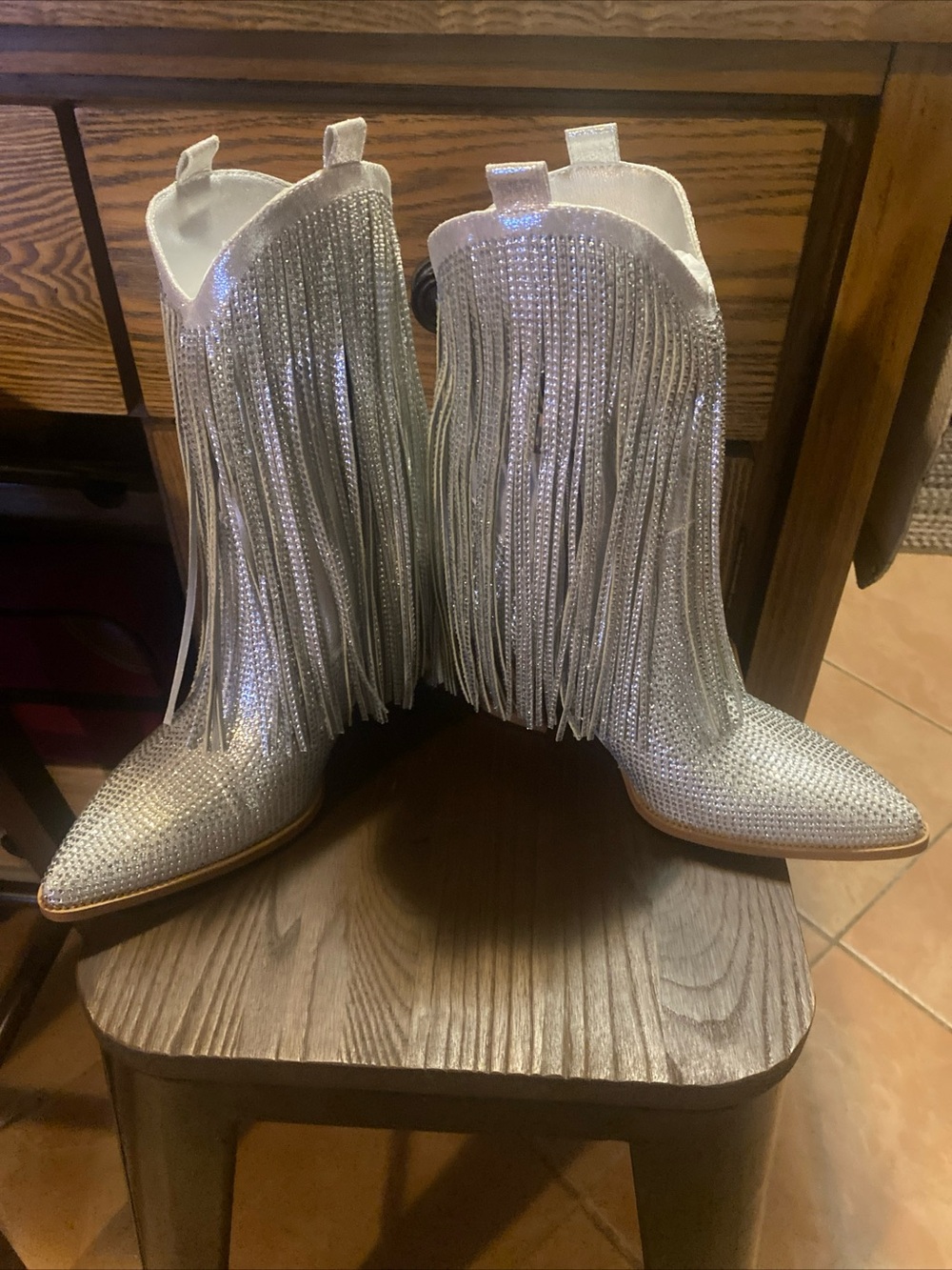Fringe Metallic Pointed-Toe Western Ankle Boots - Silver